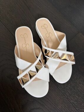 Jessica Simpson White Slide Mules with Gold Pyramid Embellishments